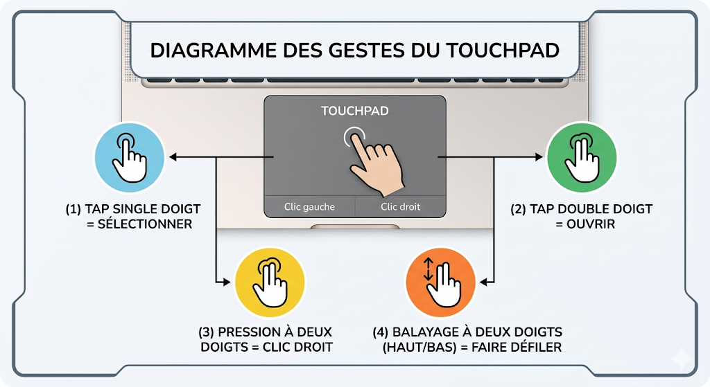 Gestes du pavé tactile : clic, double clic, clic droit, défilement