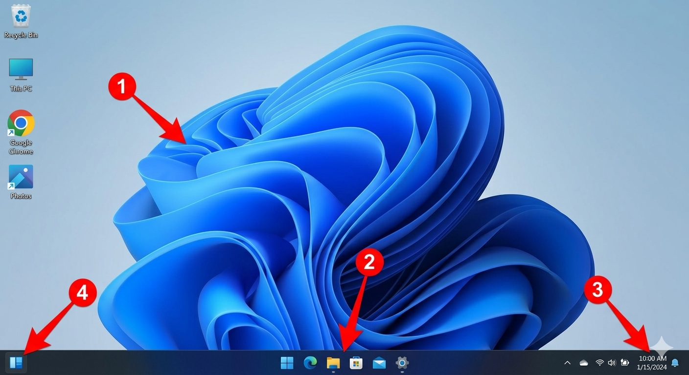 Bureau Windows 11 avec 4 flèches numérotées