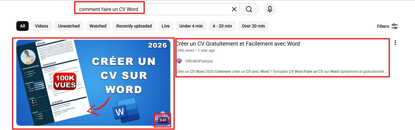 Résultats YouTube pour 'comment faire un CV Word'