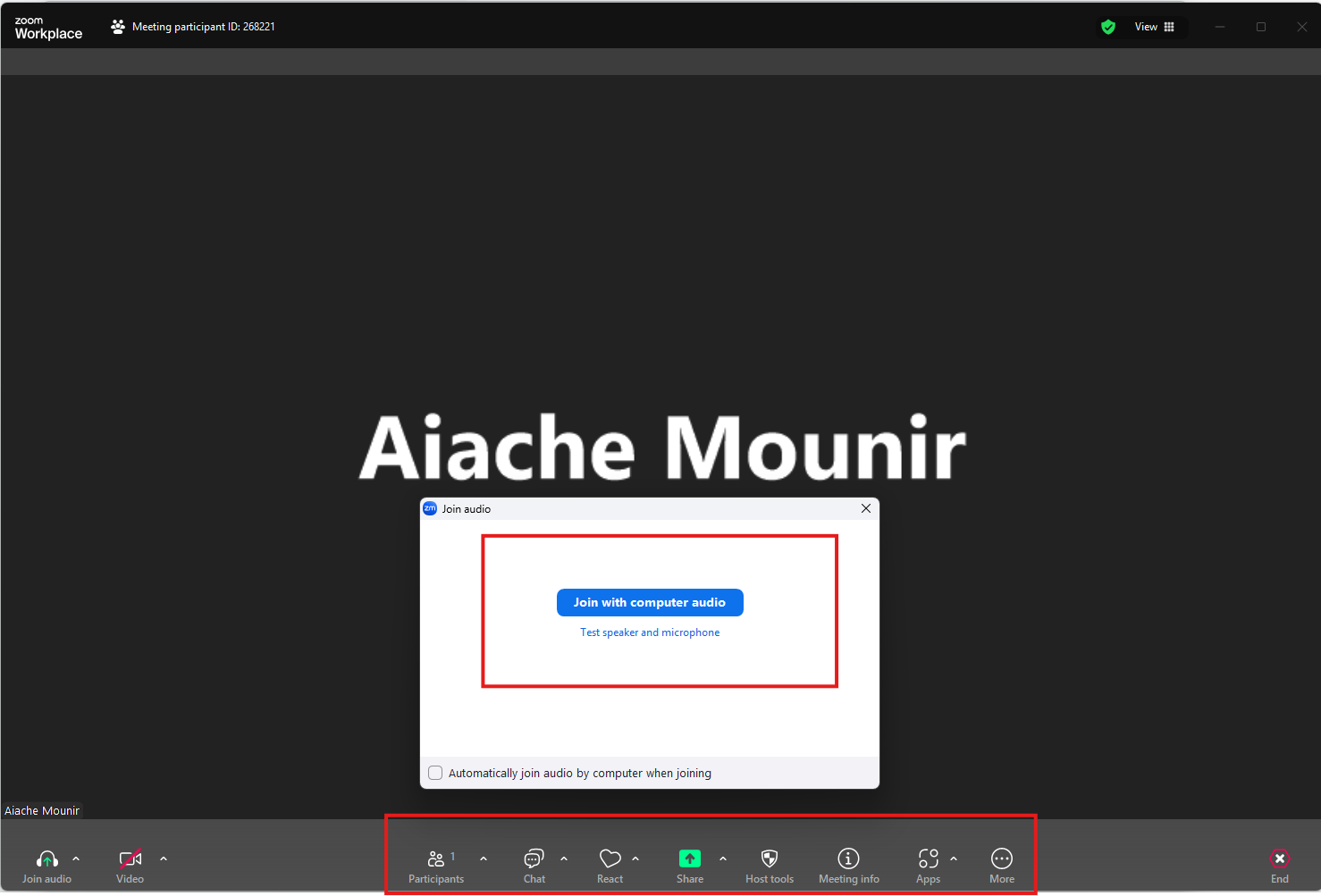Barre d'outils Zoom pendant une réunion