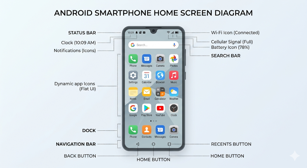 Écran d'accueil Android avec les zones annotées : barre d'état, applications, barre de navigation