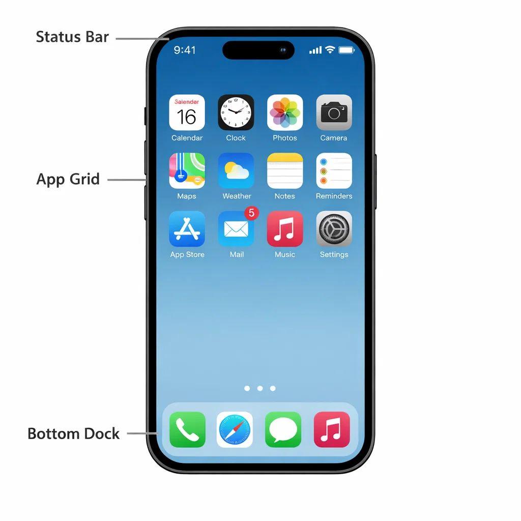 Écran d'accueil iPhone avec les zones annotées : barre d'état, applications, dock